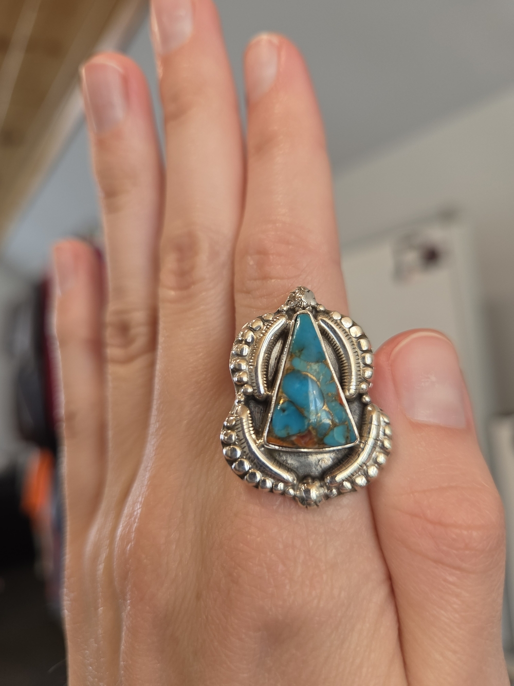 Spiny Oyster Copper Turquoise Sterling Ring - Picture 4 of 5